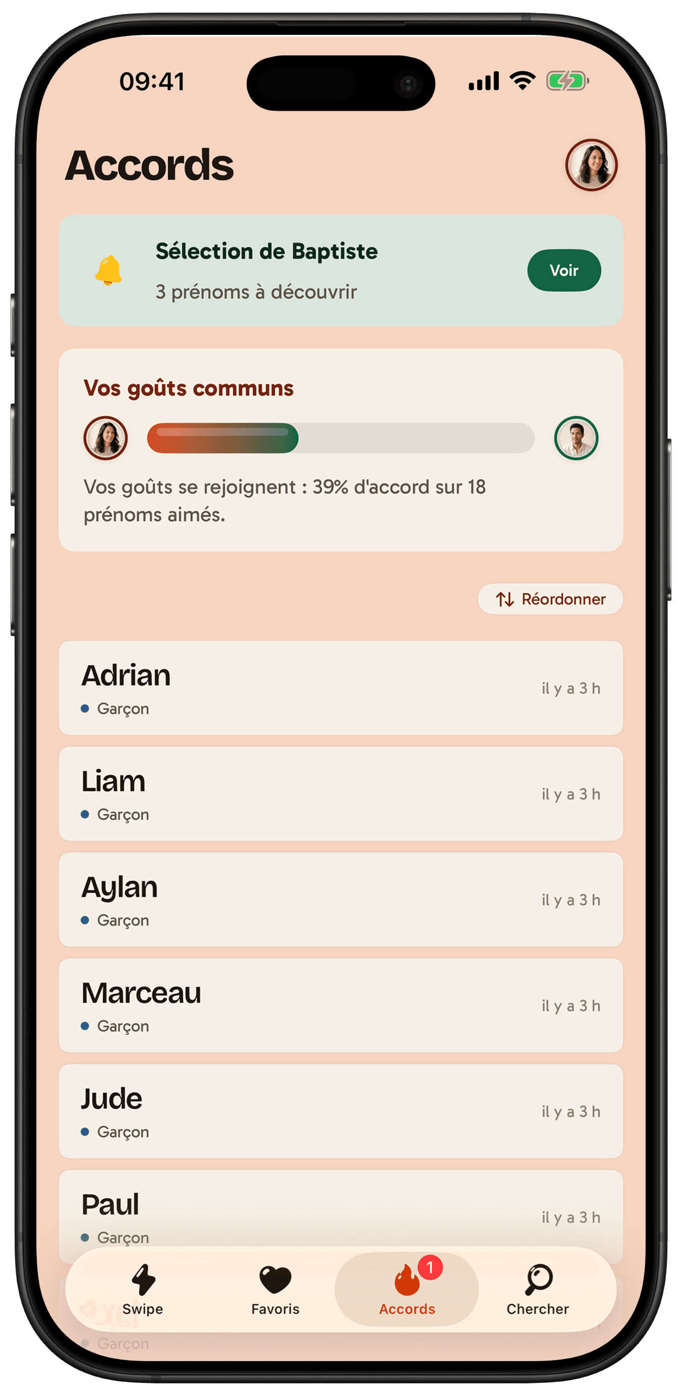 Écran Accords : les prénoms que vous aimez tous les deux