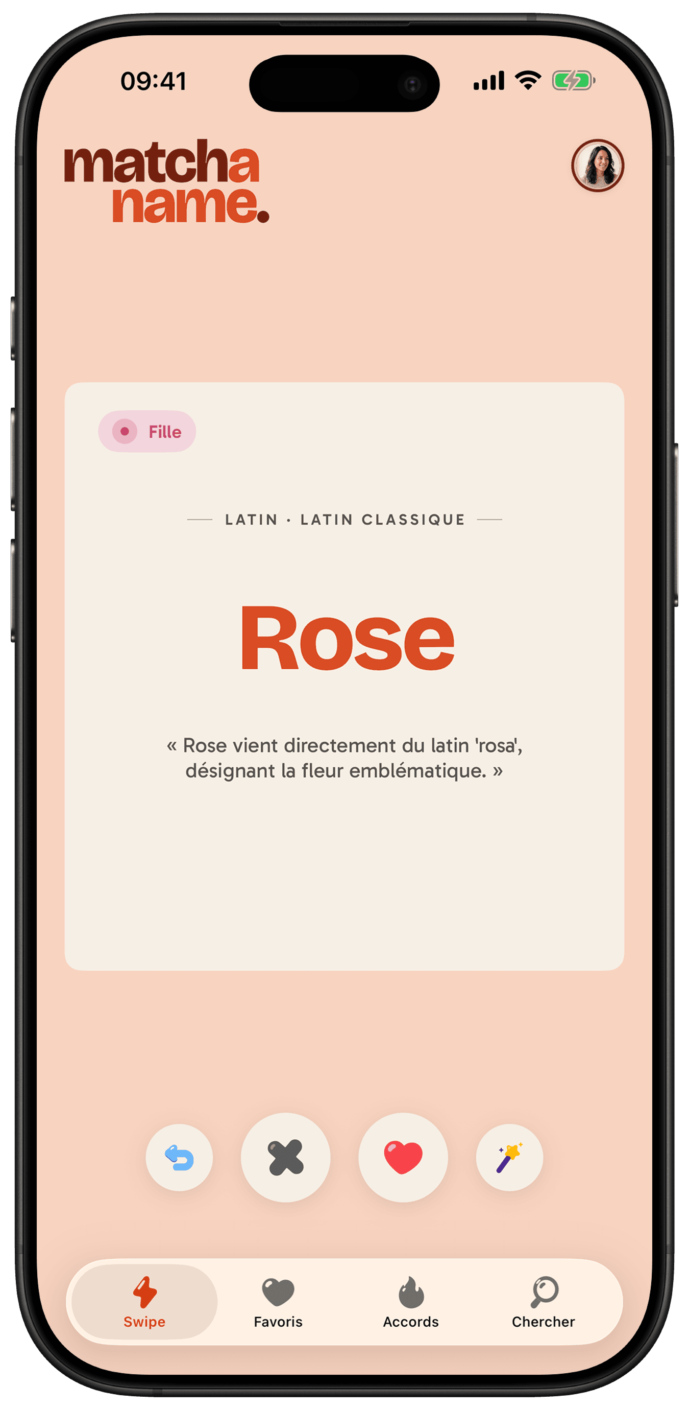 Écran de swipe : tu balaies les prénoms un par un